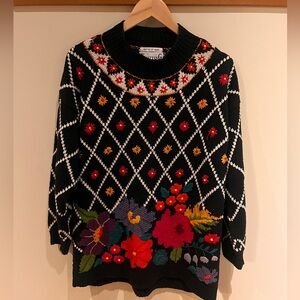 Vintage Hand Knitted 80’s Ramie & Cotton size large. Flowers, thick, colourful